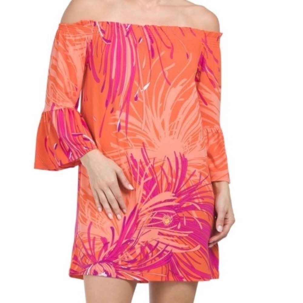 Trina Turk Off‎ The Shoulder Orange  Floral Bell Sleeve Mini Dress, Size S, NWT